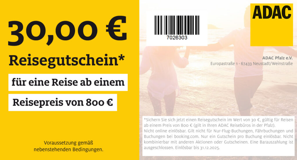 30,00 € ADAC Reisegutschein, gelber Hintergrund, schwarze Schrift, für Reisen ab 800 €, kleiner Text.